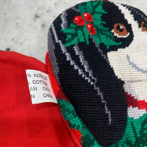 Vintage Needlepoint Christmas Stocking Black White Spotted Dog Spaniel Holly - Picture 6 of 6